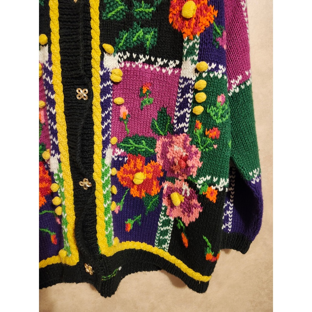 Jennifer Reed Vintage Hand Knit Floral Cardigan Pom Pom Shoulder Pads Medium - Picture 4 of 11